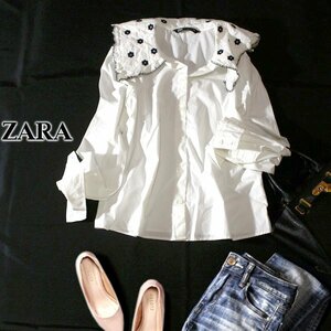 ☆☆ 美品 ザラ ZARA ☆☆ 可愛い刺繍入り ビックカラー コットン 長袖シャツ XS 春 夏 23D08