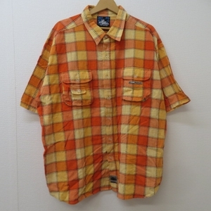 X601★PNBNATION ピーエヌビーネイションチェックライン刺繍半袖シャツ XL　オレンジ/黄★A