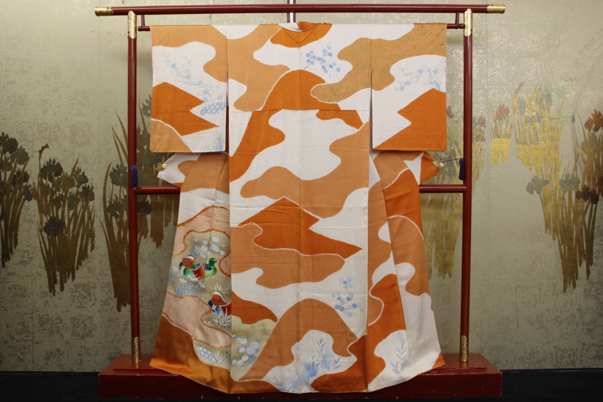 Kimono Konjaku 5651 Hängende Besuchskleidung, breiter Kragen und Futter, handbemaltes Yuzen auf hochwertigem Baumwollstoff, Oshidori am Wasser, Länge 156cm, Damen-Kimono, Kimono, Besuchskleid, Maßgeschneidert