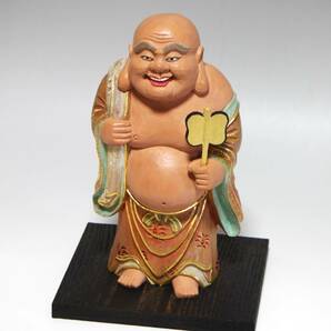 彩] 布袋尊/ほていそん ツゲ 木彫 金箔 弥勒菩薩の化身 笑う門に福来る／笑いの神様 仏教美術 高さ台含まず：[約]21ｃｍの画像1