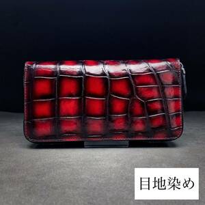 新年限定 クロコダイル 長財布(ラウンドファスナー/センター部位/ハンドメイド/目地染め/手染め/腹革使用/ワニ革/艶あり/未使用/実物写真)