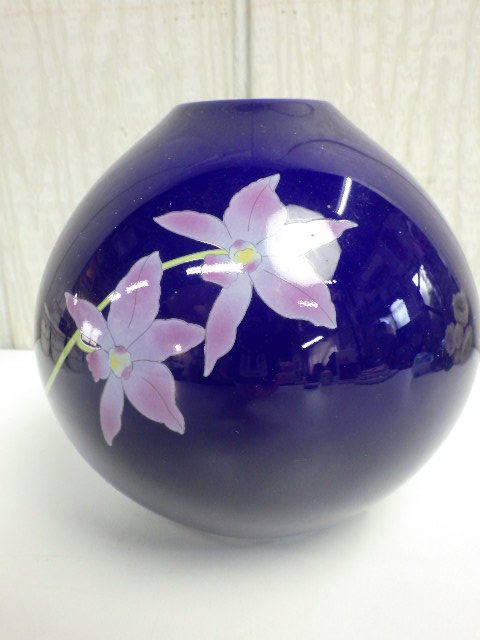 香蘭社金彩花瓶瑠璃色花図花瓶花器花入フラワーベース丸形藍色中古品