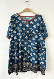 新品 タグ付き ゆったり やさしい着心地 インド綿 エスニックプリント 半袖 プルオーバー Tシャツ M〜Lサイズ Made in India