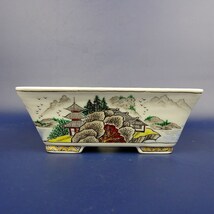 盆栽鉢 月香 小型 長辺 約15.7cm 長方鉢 色絵 山水 楼閣図 共布 共箱 観賞用 現品 新品_画像4