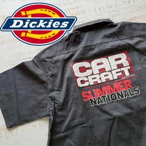 A927 ワーク シャツ Dickies 半袖 アメリカ 古着 2XL バック プリント 前 刺繍 CAR CRAFT アメ車 イベント ホットロッド カスタム ショー X