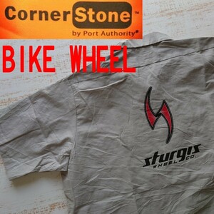 A928 ワーク シャツ Corner Stone 半袖 アメリカ 古着 XL バック プリント sturgis wheel ホイール メーカー バイク アメ車 ハーレー 2 x 