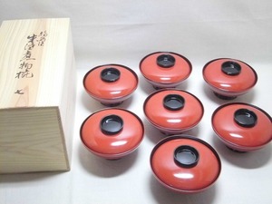 ★輪島塗 朱塗煮物椀 七客揃 塩徳屋漆器店 美品 共箱★ E224 塩山政雄