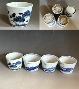 蕎麦猪口●手描きソバチョコ(江戸後期)伊万里染付唐草山里図 4客 酒器 ぐい飲み 傷有 古美術 時代物 骨董品■