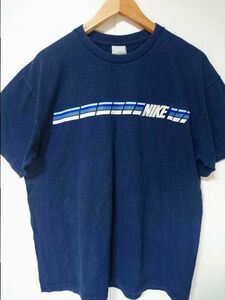 ☆NIKE ナイキ ラインプリント ロゴ 刺繍 Tシャツ US【M】ネイビー コットン 古着　　　　　◆81237◆