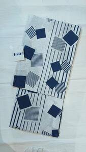 < kimono shop . one 0> man brand new cotton yukata white ground . beater dyeing. like pattern navy blue geometrical pattern 