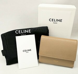 セリーヌ CELINE U-AT-2109 トリフォールドウォレット レザー 財布 二つ折り財布 ホックボタン ベージュ系×ブラウン系 レディース