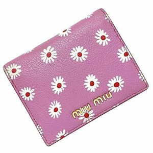 ミュウミュウ 二つ折り 財布 ピンク ホワイト ゴールド 花柄 5MV204 コンパクト フラワー レザー 中古 miu