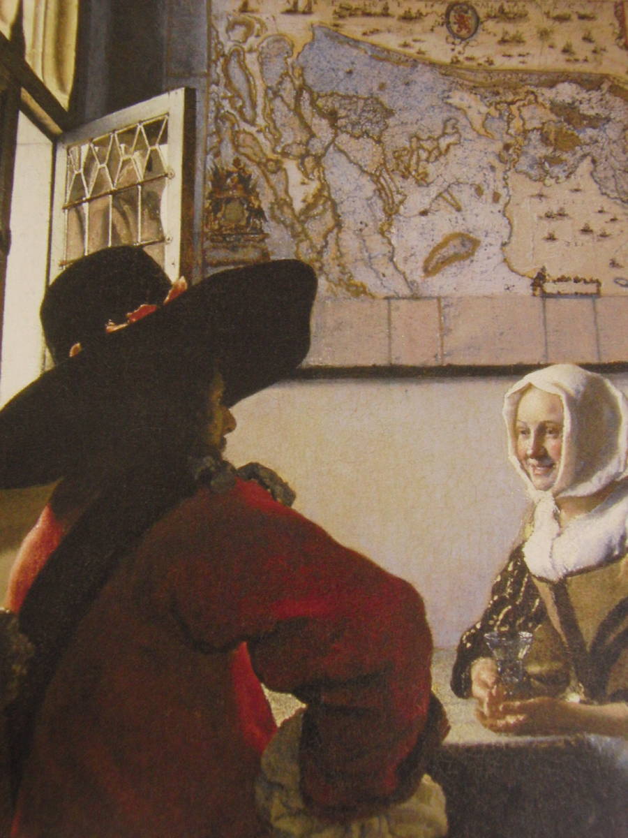 Johannes Vermeer, L'officier et la femme qui rit, Une rare peinture encadrée issue d'un livre d'art, Livré avec un passe-partout personnalisé et un tout nouveau cadre japonais, En bonne condition, livraison gratuite, Peinture, Peinture à l'huile, Portraits
