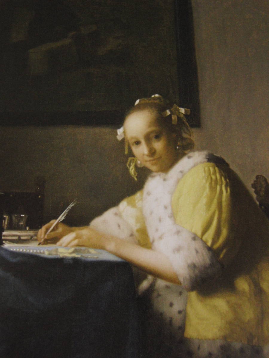 Johannes Vermeer, Une femme écrivant une lettre, Une rare peinture encadrée issue d'un livre d'art, Livré avec un passe-partout personnalisé et un tout nouveau cadre japonais, En bonne condition, livraison gratuite, Peinture, Peinture à l'huile, Portraits