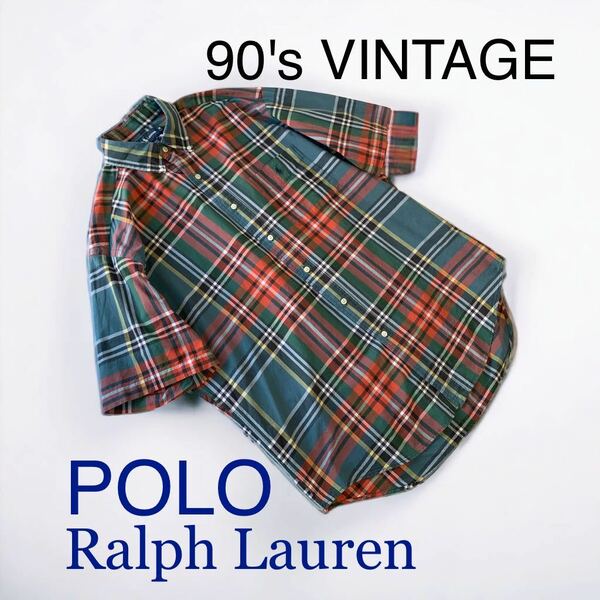良柄 90's VINTAGE Ralph Lauren BIG SHIRT 半袖 ボタンダウン シャツ チェック ラルフローレン POLO ビッグシャツ ワイド ポロ 90年代