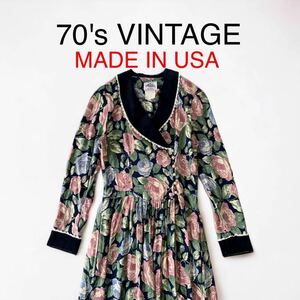70's USA製 VINTAGE Lanz クラシック レトロ ワンピース フォークロア 70年代 総柄 花柄 ウェスタン ドレス フローラル 輸入 古着 長袖