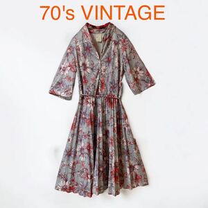 70's VINTAGE 総柄 レトロ ワンピース プリーツ 花柄 アメリカ購入 ビンテージ 古着 輸入 ドレス ONE PIECE レトロ柄