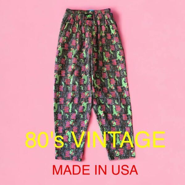 80's VINTAGE USA製 GECKO HAWAII 総柄 イージーパンツ サーフパンツ スケート ワイドパンツ アメリカ購入 輸入 古着 ビンテージ ハワイ