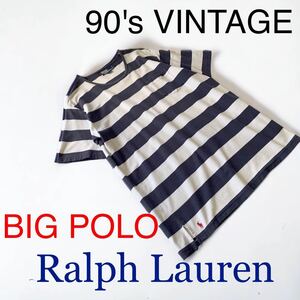 90's BIG POLO 裾ロゴ刺繍 VINTAGE ボーダー 鹿の子 半袖 カットソー Ralph Lauren ビッグポロ BIGPOLO 90年代 オールド ラルフローレン