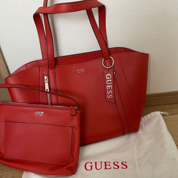 GUESS トートバッグ ポーチ付き オレンジ