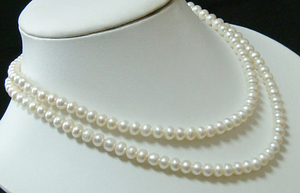 真珠層100％●天然淡水真珠2連ネックレス●純白●40-42cm