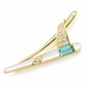  Mikimoto 2.67ct green tourmaline brooch K18YG total 0.48ct natural diamond white shell multi Stone yellow gold used free shipping 
