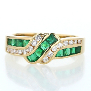 K18YG yellow gold ring emerald 0.82ct diamond 0.26ct line square wave ring 17 number [ new goods finish settled ][zz][ used ]