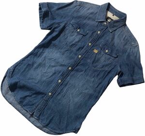 ■ G-STAR RAW ジースターロウ ■ ロゴ ラベル ラバー プリント ユーズド色落ち加工 半袖 デニム シャツ インディゴブルー S