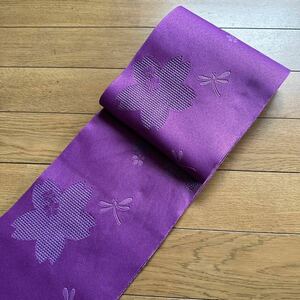 【美品】浴衣　帯　紫　パープル　花柄　トンボ　花火Yukata Obi Purple Flower Dragonfly Summer Kimono Fireworks