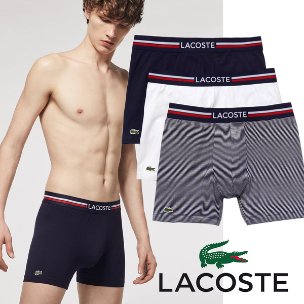 【海外XS：日本Sサイズ】 LACOSTE ラコステ ミドル丈 ボクサーパンツ 無地 ボーダー 3枚組 コットン 綿 6H3377-525 吸水性 通気性 メンズ