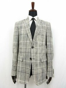 極美品【エトロ ETRO】リネン100％ 素敵な総柄裏地 シングル2ボタン チェック柄ジャケット (メンズ) size50 白系×黒系 伊製●17HR2798●