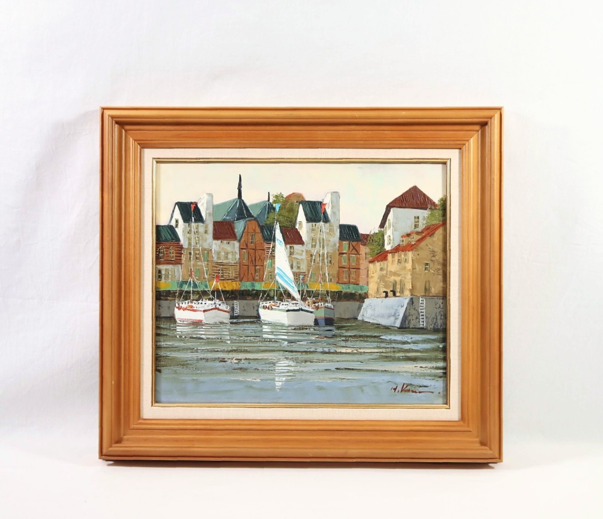 Oeuvre authentique de Hisashi Kurosawa Peinture à l'huile Honfleur Taille F8 Né à Hokkaido Membre du comité de la ville portuaire normande de Saijitsukai Bâtiments et petits bateaux aux couleurs pastel Reflet sur l'eau 7831, Peinture, Peinture à l'huile, Nature, Peinture de paysage