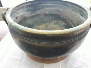 火鉢 風炉 骨董 古民具 囲炉裏 茶道具 風景図　銅製　金属製　 直径約49cm 重量約12.1kg