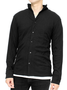 【新品】 XL ブラック 長袖 シャツ メンズ イタリアンカラー 無地 ランダム テレコ素材 リブ ストレッチ カットソー