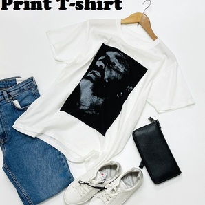 /S/ ホワイト プリント半袖Tシャツ メンズ レディース カジュアル ストリート アウトドア キャンプ レジャー プール フェスビーチ