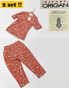 上下セット ORIGAN /M-L/ 総柄 オレンジ パジャマ タグ レディース フラワープリント 大人可愛い 寝巻 ラッフルスリーブ かわいい オリガン