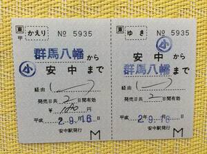 JR東 信越線 往復補充乗車券 安中ー 群馬八幡 安中駅発行 平成2年