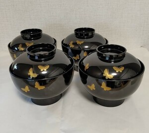 和食器 漆器 蓋付き椀 汁椀 4個 大きめ φ13cm 黒地ｘ金 蝶柄