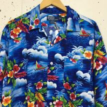 90s 90年代 Polo Ralph Lauren ポロ ラルフローレン レーヨン アロハシャツ 半袖 ブルー 青 CALDWELL サイズM _画像4