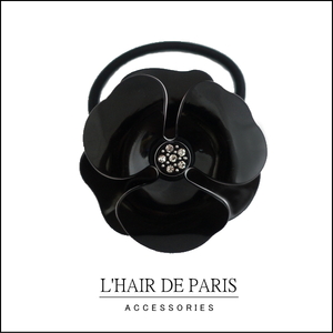 ■L'HAIR DE PARIS■ ■カメリアフラワーお花ヘアゴム■ブラック黒■ 薔薇 髪留め 発表会 ダンス バレエ お受験 ヘアポニー まとめ髪 バラ