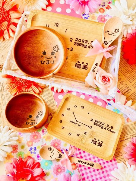 kyu様ご確認 名入れ木製食器ギフト お食い初め3点セット ボウル スプーン トレー ギフト籠ラッピング