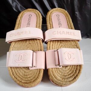 CHANEL シャネル エスパドリーユ フラット サンダル ピンク フットベッド ベルクロ