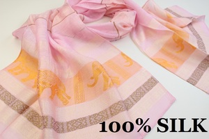 新品【SILK シルク100%】象 エレファント 幾何学柄 薄手 スカーフ/ストール ピンク系 ゴールド ホワイト