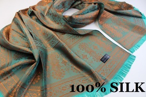 新品【SILK シルク100%】ペイズリー 幾何学柄 大判 ストール/スカーフ エメラルドグリーン系 オレンジ