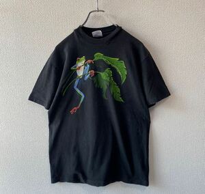 90s USA製 Hanes カエル プリント Tシャツ M ヘインズ 半袖 蛙 ブラック アニマル