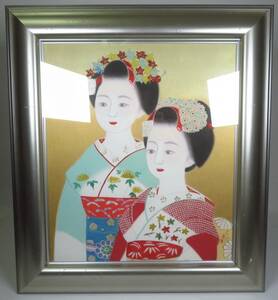 真作保証 アート作品【二人舞妓/山平貞信作】油絵 美人画 日本美術 絵画 美術品 芸術品 共シール 骨董品 古美術品 作家 在銘 横62.5×縦70