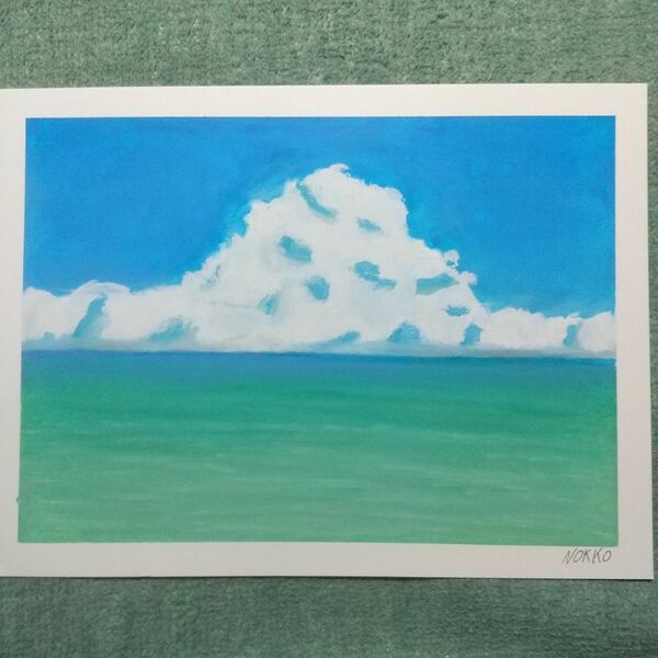 オイルパステル画 夏の雲と海 原画１点物 A4サイズ 