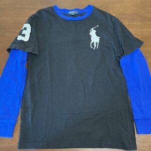 【RALPH LAUREN/ラルフローレン】重ね着風　ロンT　長袖Tシャツ　150㎝　ビッグポニー　中古　黒×青