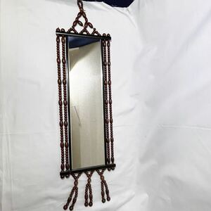 壁掛け鏡 ウッドビーズ 壁掛けミラー アンティーク調 木製 ビンテージ 木製珠 昭和レトロ (08065並