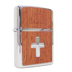 ジッポー オイルライター クロス 十字架 木貼り LEGEND LOVE 2008年か2007年製＆ギフトボックスセット（オイル＋フリント+BOX）/送料無料
